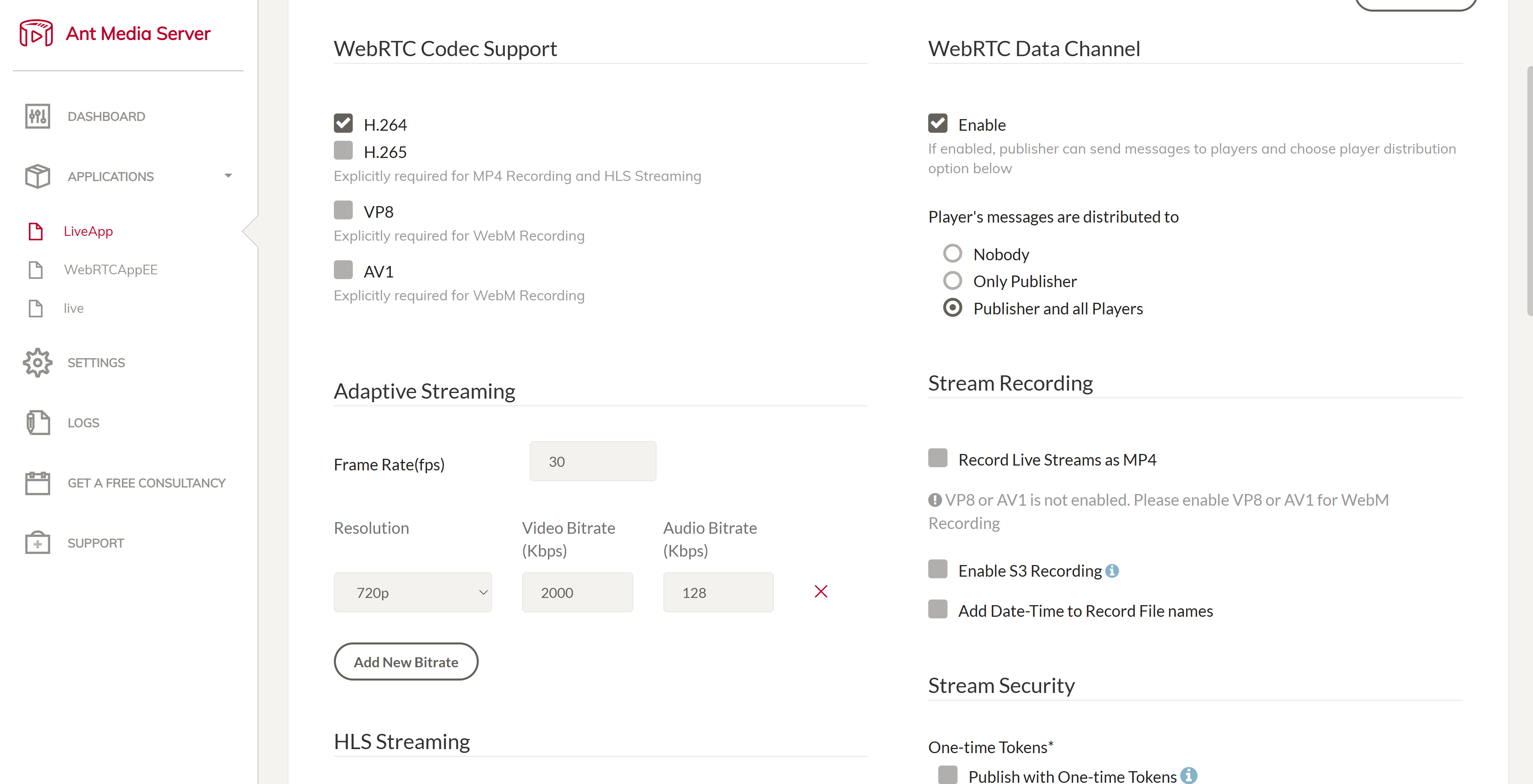 Ant Media Server application settings with Adaptive Streaming enabled and a rendition configured