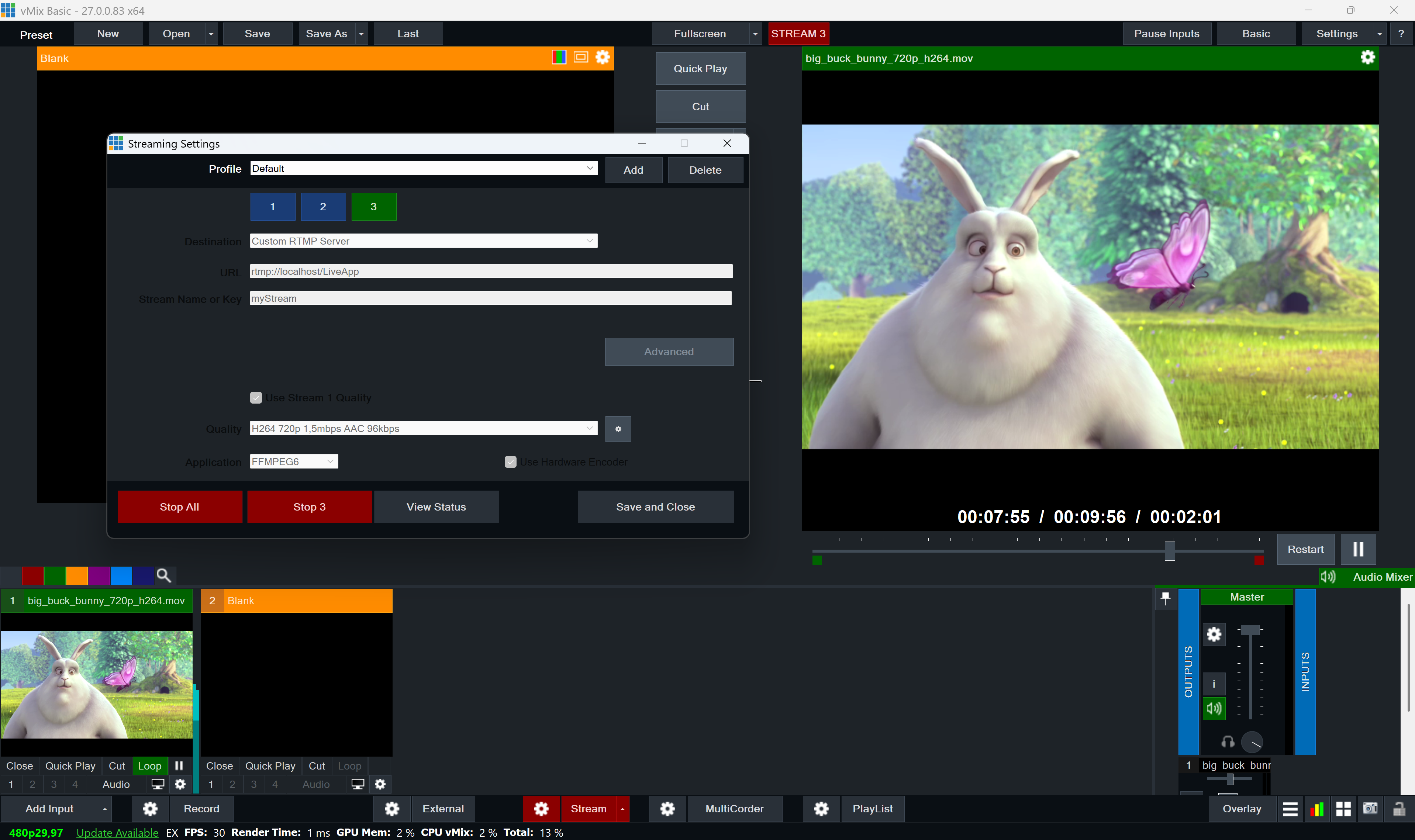 OBS stream settings configured to publish to the Ant Media Server LiveApp application